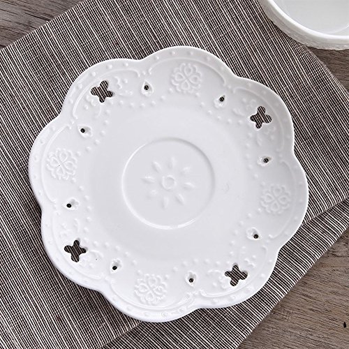 Eglaf Coffee Tea Cup Set Embossed Ceramic (Bone china) and Porcelain Saucers Spoon Bracket 6 - Piece Set (White)