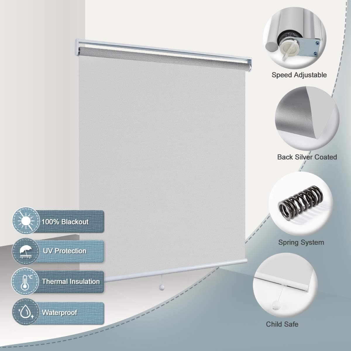 Blackout Shades Room Darkening Blinds Cordless UV Protection Roller Blind Blackout Blinds for Bedroom and Indoor Use 27x72, Whtie: Kitchen & Dining