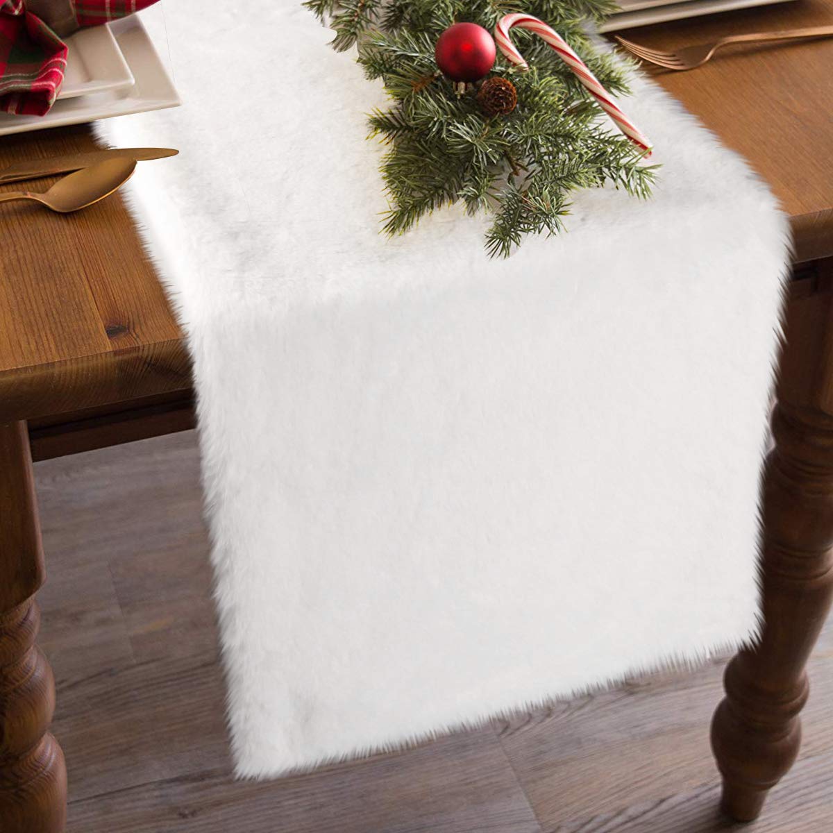 Home & Garden OurWarm Luxury Christmas Table Runner Snowy White Faux