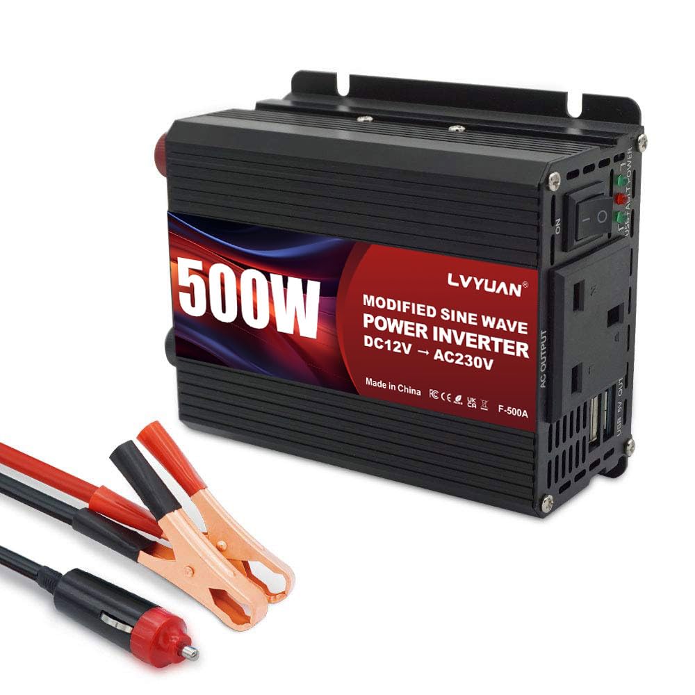LVYUAN 500W Power Inverter DC 12V to 230V 240V AC Transformer Car Converter 12V with dual USB ports & UK Sockets Charger Lighter Adapter