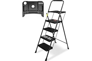 WNOEY 4 Step Ladder, Folding Step Stool with Tool Platform, Wide Anti-Slip Pedal, Lightweight 500lbs Step Ladder for Adults, Portable Steel Step Stool for Adults, Black