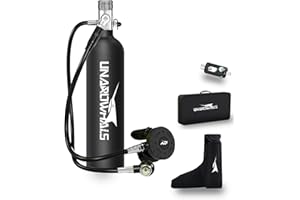 UNAROWHALS Scuba Tank with Extended Pressure Gauge, DOT/CE-EN250 Certification Lung Tank, 1L Diving Tank, 15-20 Minutes Underwater Exploration with Portable Mini Scuba Tank, 3000 Psi Max Pressure
