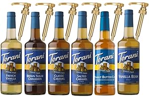 Jimoco Syrup Pump & Torani Syrup Bundle - Sugar Free Salted Caramel, French Vanilla, Brown Sugar Cinnamon, Vanilla Bean, Caramel Classic, Peanut Butter Cup - For Italian Soda Coffee, Lattes, Frappes With 6 Pump Dispensers