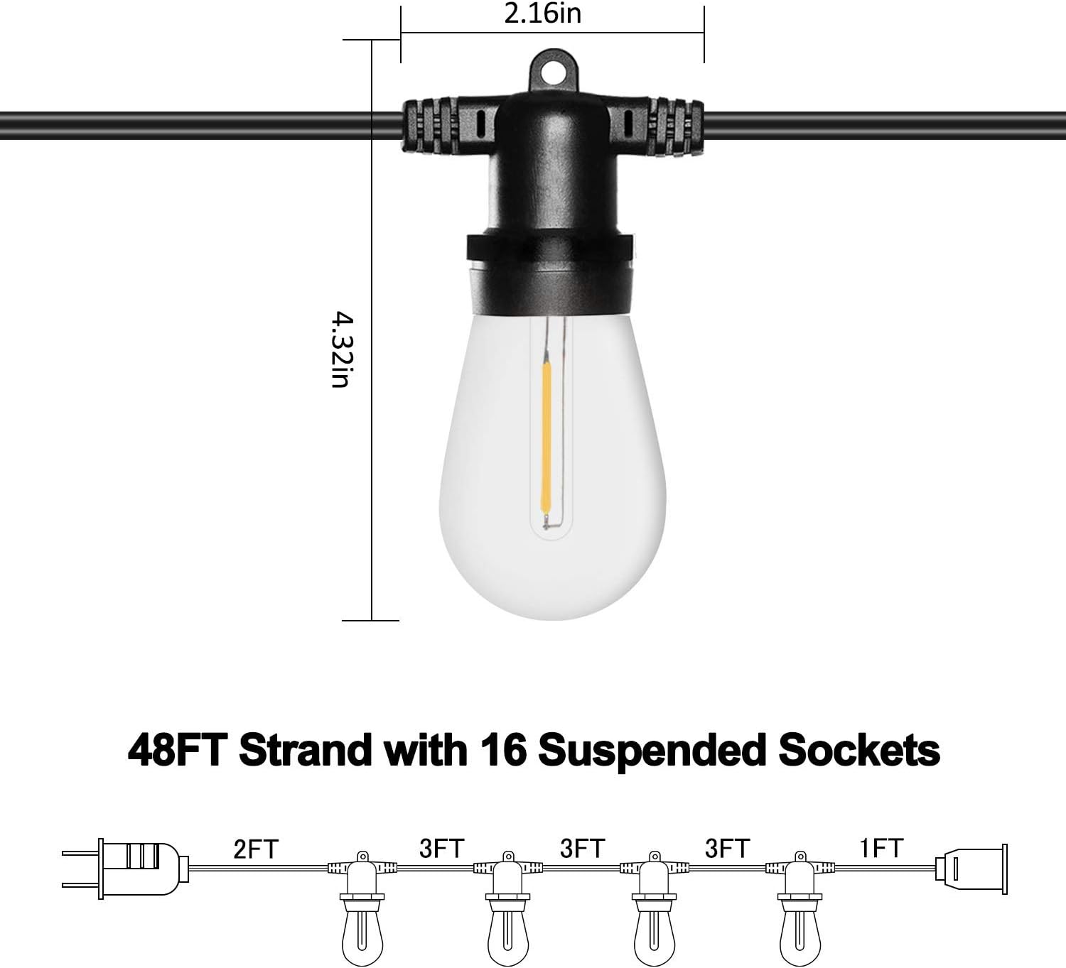 SUNTHIN 48FT LED Outdoor String Light with Shatterproof LED Filament Bulb for Patio Lights, Backyard Lights, Porch Lights, Party Lights and Commercial Lighting - - 