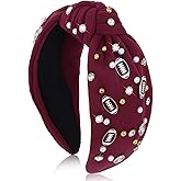 BAHABY Football Headbands for Women Crystal Football Embellished Wide Top Knot Headband for Women Game Day Hair Accessories (Burgundy)