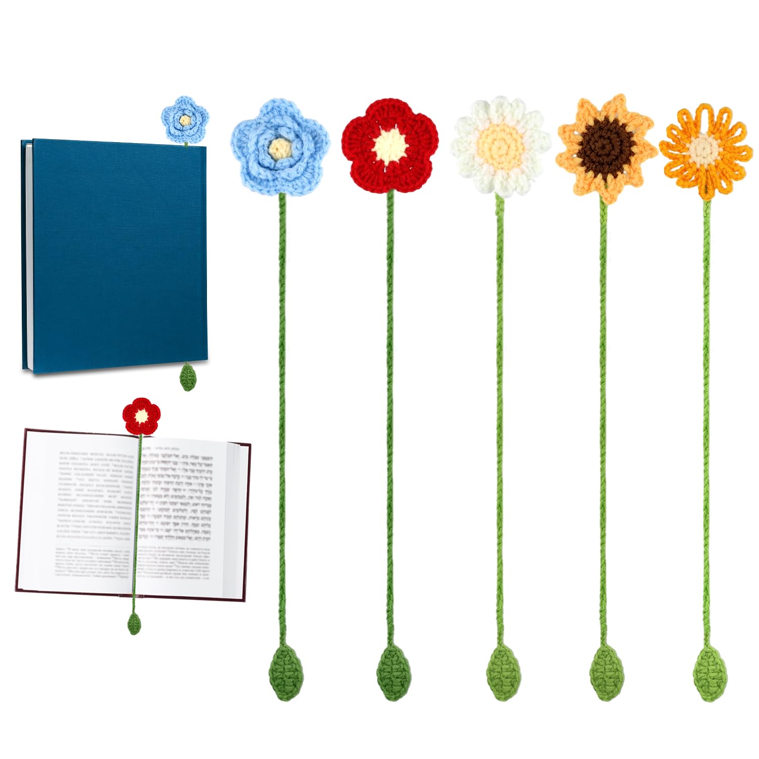 5pcs Sunflower Bookmark for Women, 5 Styles Crochet Flower Bookmarks Personalized Handmade Daisy Knitted Curtain Tie Car Pendant Gift for Book Lover Teacher