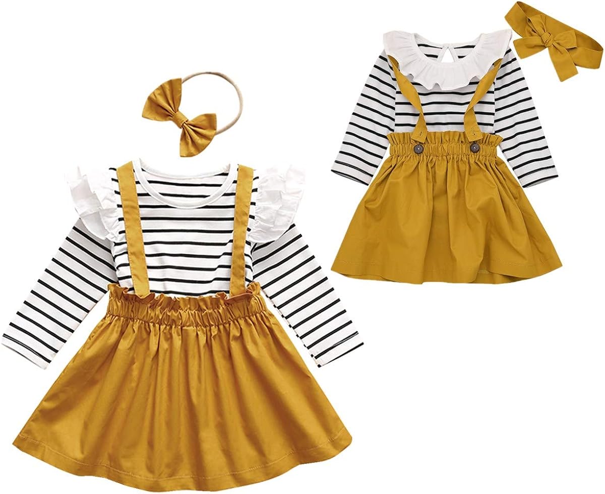 Baby Toddler Girls Matching Outfits Sister Striped Top Strap Skirt Headband Set