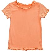 HDLEXD Toddler Baby Girls Summer Lettuce Trim Ribbed Knit Short Sleeve T-Shirts Solid Color Casual Blouse Tops