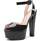NobleOnly Womens High Block Platform Heel Peep Toe Ankle Strap Sandals Buckle Prom Dress Shoes 5.9 Inches Heels