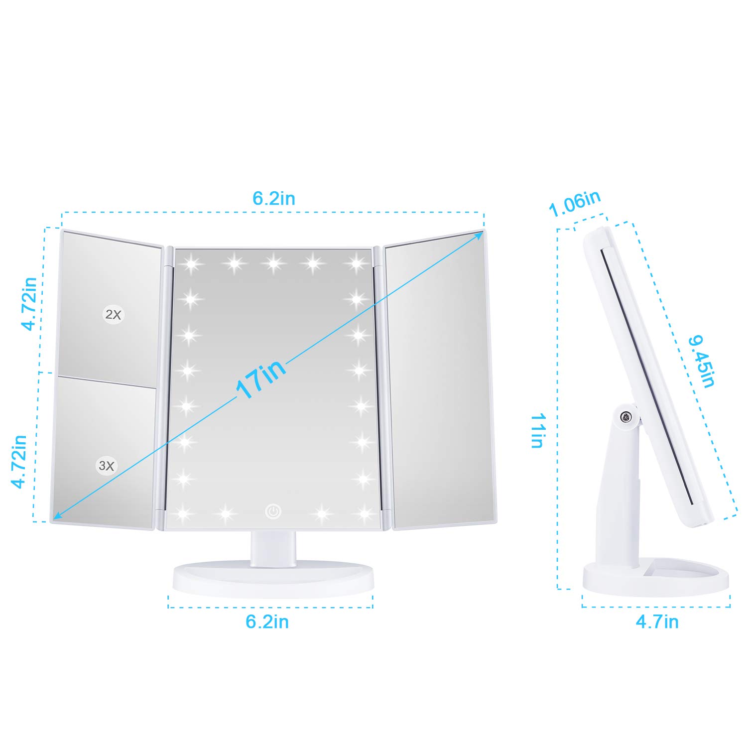 Wondruz Makeup Mirror Vanity Mirror with Lights, 1x 2X 3X Magnification, Touch Screen Switch, Dual Power Supply, Portable High Definition Cosmetic Trifold Lighted Makeup Mirror : Beauty