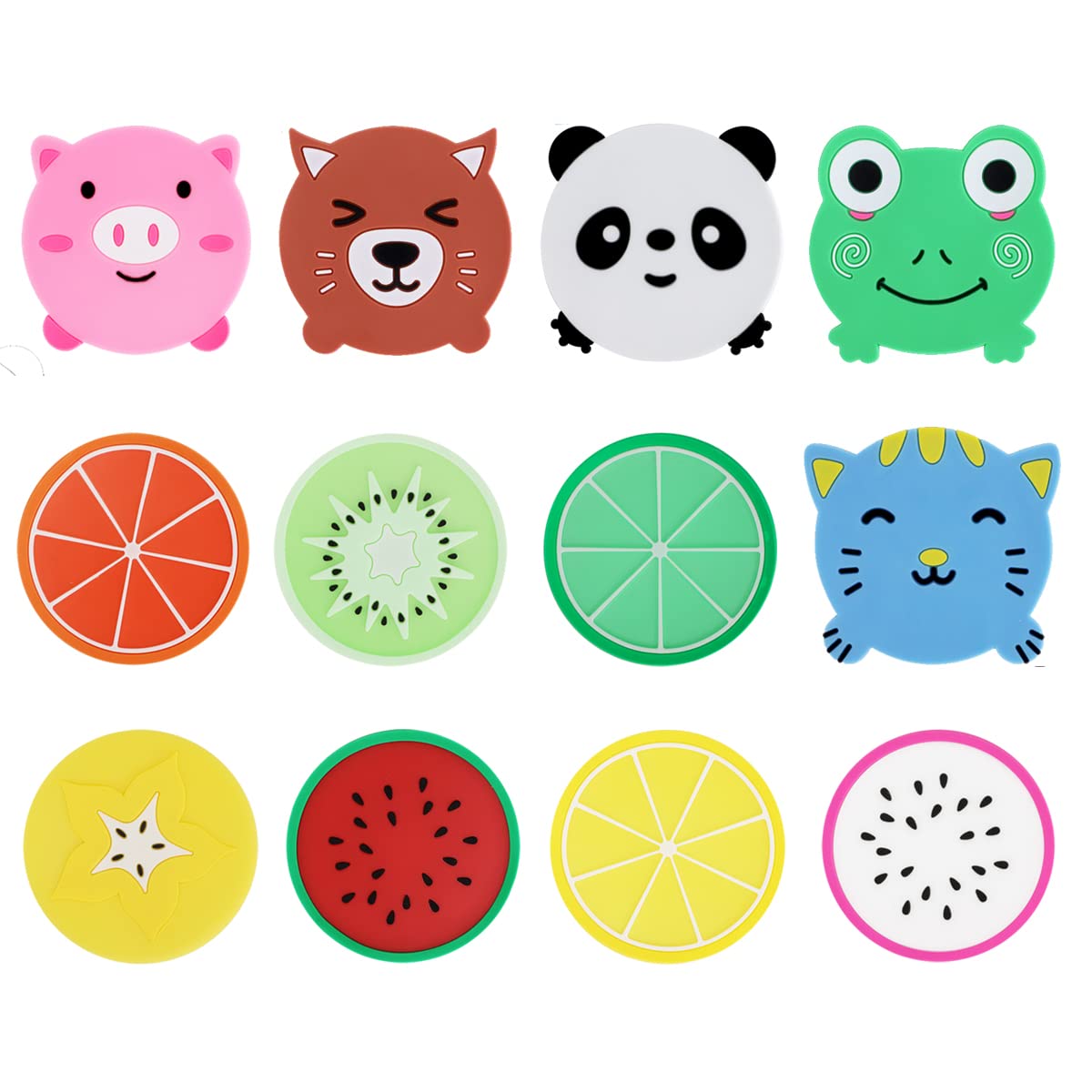 CRITIVE-S Coasters for Drinks Set of 12, 5 Animal Silicone Coasters Novelty and 7 Fruit Silicone Coaster