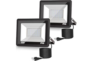 L LOHAS LED Dusk to Dawn Floodlight Outdoor, 50W Auto On/Off 6000K Daylight Plug in Flood Lights, IP66 Waterproof Work Light, 2300LM Security Lights for Yard, Garage, UL Listed, 2Pack