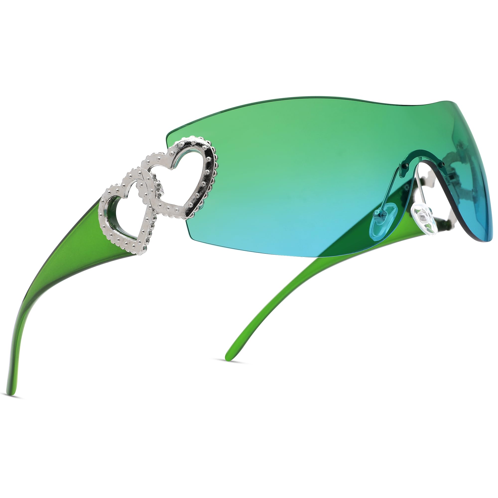 Photo 1 of Pro Acme Wrap Around Rimless Sunglasses Women Men, Oversized Fashion Futuristic Sun Glasses Cool Shade 2000S Trendy - Green Frame | Gradient Green