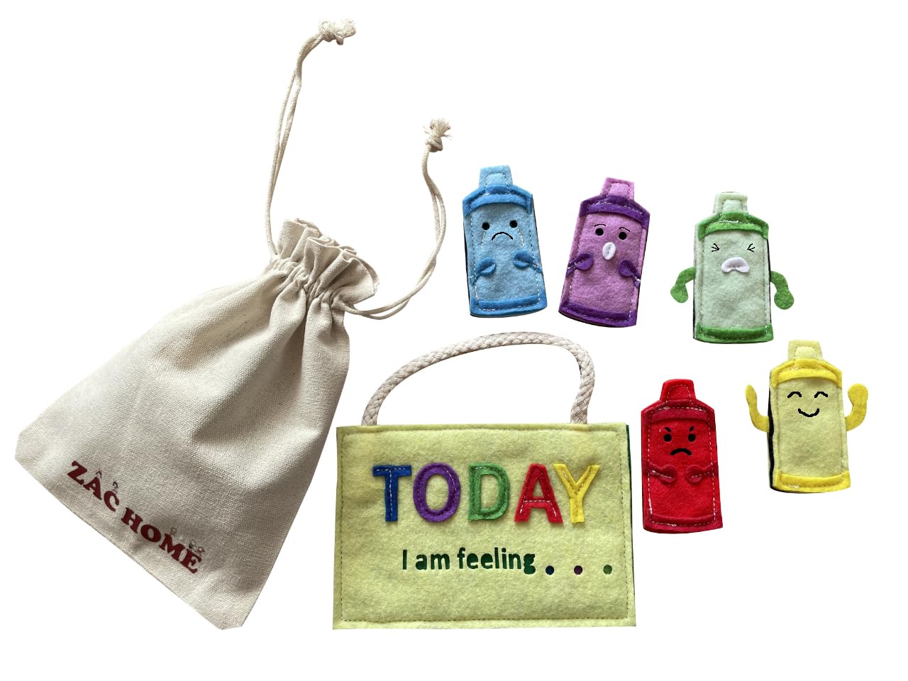 Emotion Feeling Family: 5 Emotions Finger Puppet Set with Bag - Happy, Sad, Angry, Surprised, Scared for emotional awareness and expression