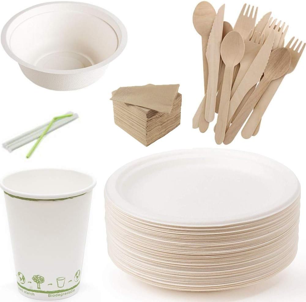 Bagasse Plates Bowls Biodegradable Cups Straws Cutlery Kraft Napkins