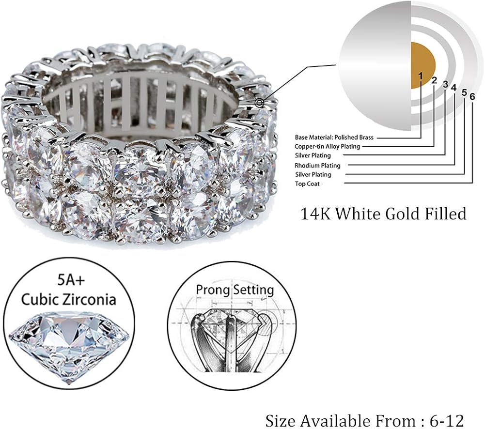 TOPGRILLZ 9mm 2Rows Round Cut 14K Silver Plated Iced out Lab Diamond Wedding Band Eternity Bands Ring for Men Women: Clothing