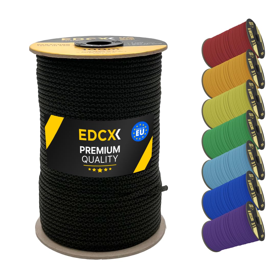 EDCX 4mm Nylon Paracord 550 100m (330 feet) | Ideal for Camping, Survival, Outdoor, Crafting, DIY | 100% Nylon Rope 4mm | Paracord 550 Type III in Solid Color (Black Snake, 100 m)