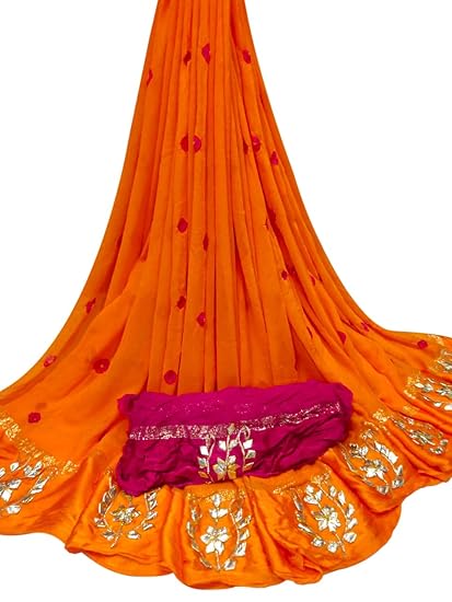 Pure Georgette Viscos Zari Paiping Gulti Bandhej Gota Patti Work Saree With Contrast Blouse -P078