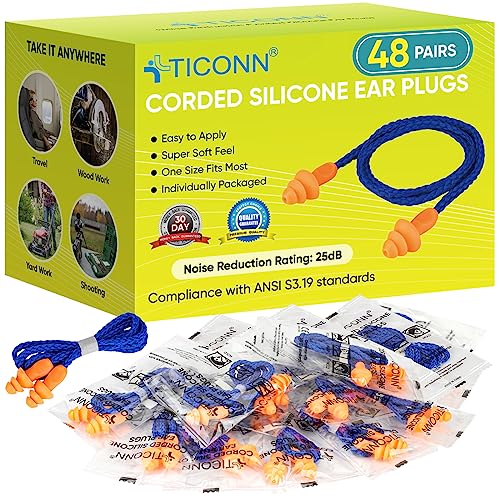 TICONN 48 Pairs Reusable Silicone Ear Plugs for Sleeping Noise Cancelling, 25dB NRR Corded Earplugs for Study Concentration Travel (48 Pairs)