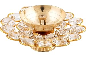 4OUR FAITH Compact Brass Crystal Oil Akhand Diya Lamp for Diwali Decoration & Pooja Traditional Indian Oil Lamp for Festivals Home Decor & Gifting - Pack of 1 (Size: 9x4 cm) Ideal for Puja Room & Celebrations