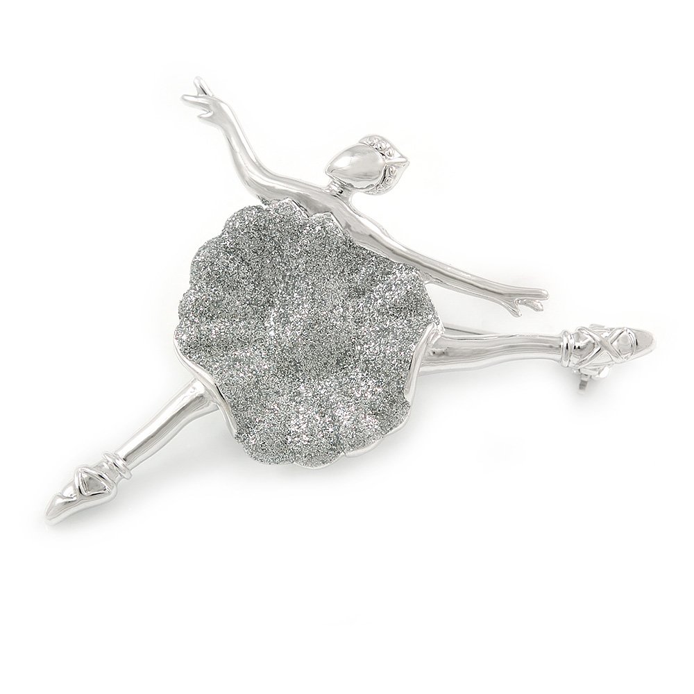 Exquisite Dansing Ballerina with Glitter Dress Brooch In Rhodium Plated Metal - 52mm W