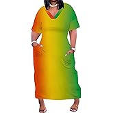 SUZONANA Women Casual T-Shirt Dress V Neck Short Sleeve Solid Color Oversize Dress with Front Two Pockets