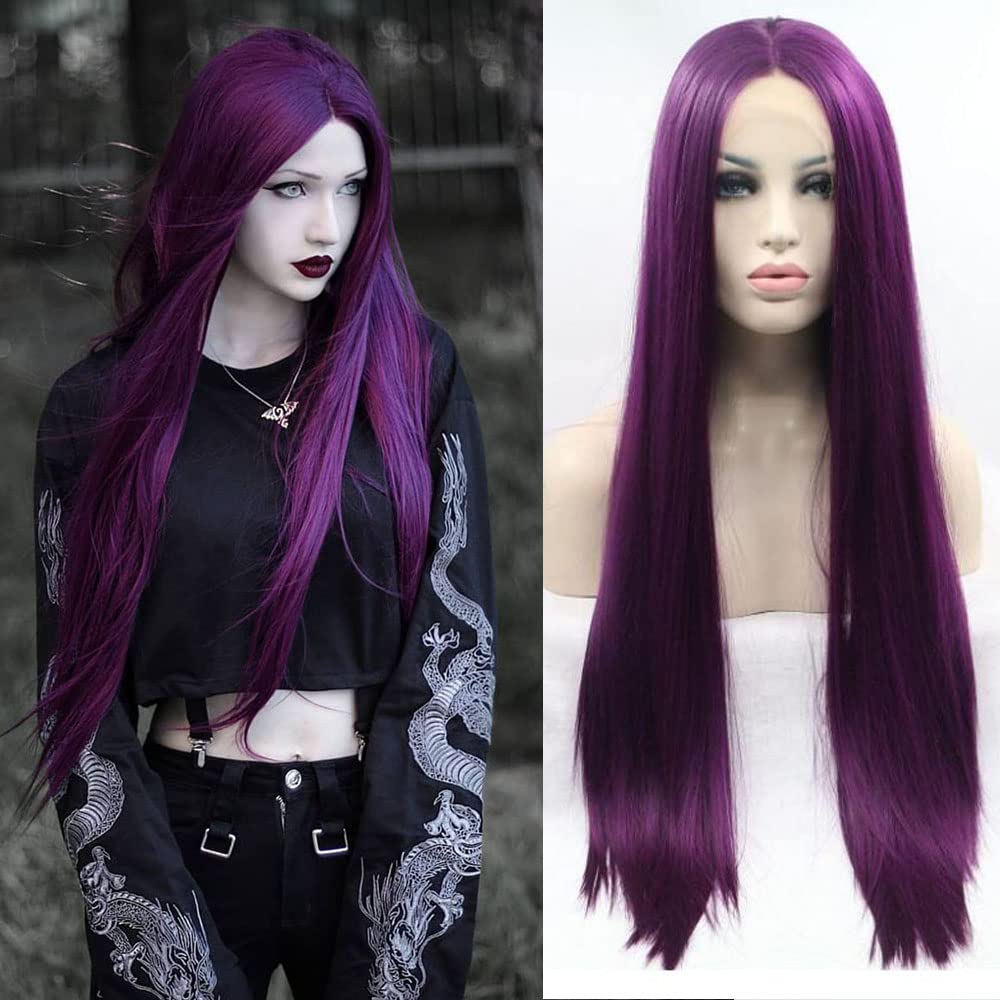 Xiweiya Dark Purple Long Silky Straight Hair Wigs Synthetic 13 * 3 Lace Front Wigs Middle Part Heat Resistant Hair Natural Hairline Cosplay Wigs — image 1
