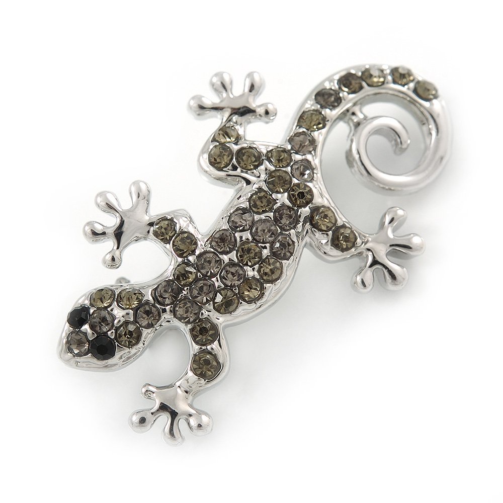 Small Grey Crystal Lizard Brooch In Rhodium Plated Metal - 35mm L