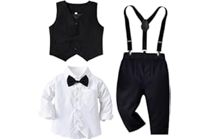 BABY AMABC Toddler Baby Boy Clothes Suit 5Pcs Gentleman Wedding Party Outfits，Formal DressShirt+Bowtie+Vest+Suspender Pants,12M-5T