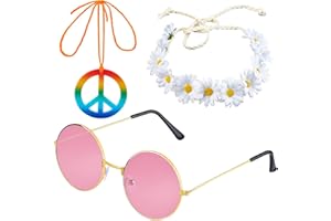 Beelittle Women Hippie Costume Set - 60's 70s Style Retro Vintage Glasses Peace Sign Necklace Sunflower Crown Hair Band