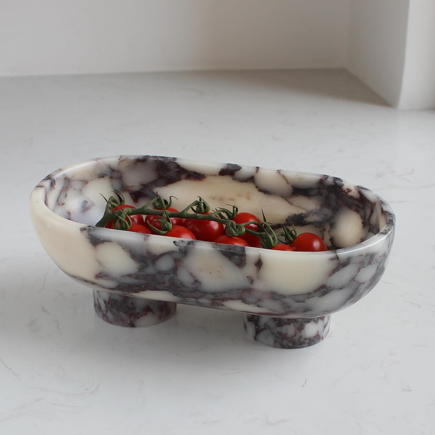 Photo 1 of Nawgnail Natural Oval Calacatta Viola Marble Fruit Bowl for Kitchen Counter 10", Large Decorative Bowl Two-Legs for Home Decor, Fruits Holder For Dining Table - Kitchen Organization