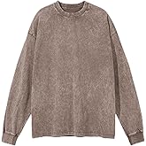Men's Vintage Acid Wash T-Shirts Heavy Weight Long Sleeve Tshirt Cotton Casual Tee Tops