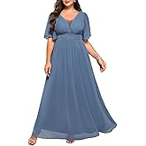 Talisea Plus Size Formal Dresses - V Neck Flutter Sleeves Evening Gowns Bridesmaid Wedding Guest Chiffon Long Maxi Dress