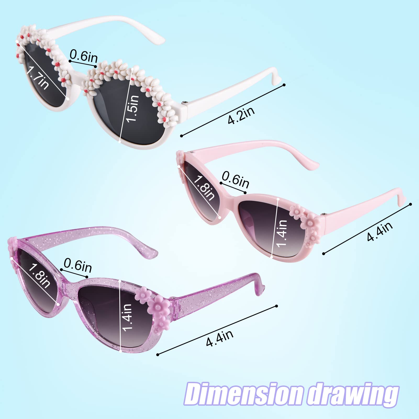 3-Pairs Gift Kids Sunglasses Girls, Cute Flower Frame Cartoon UV400 Glasses, Toddler Sunglasses for Ages 3-10