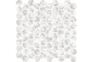 In Home InHome NH2359 Hexagon Marble Peel Stick Backsplash Tiles, White & Off-White