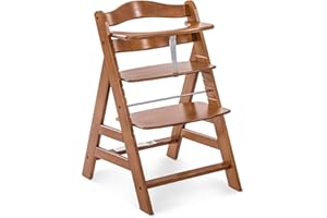 Hauck Alpha+ Grow Along Adjustable Wooden High Chair Seat w/ 5 Point Harness & Bumper Bar for Baby & Toddler Up to 198 lbs, Beechwood, Walnut Finish