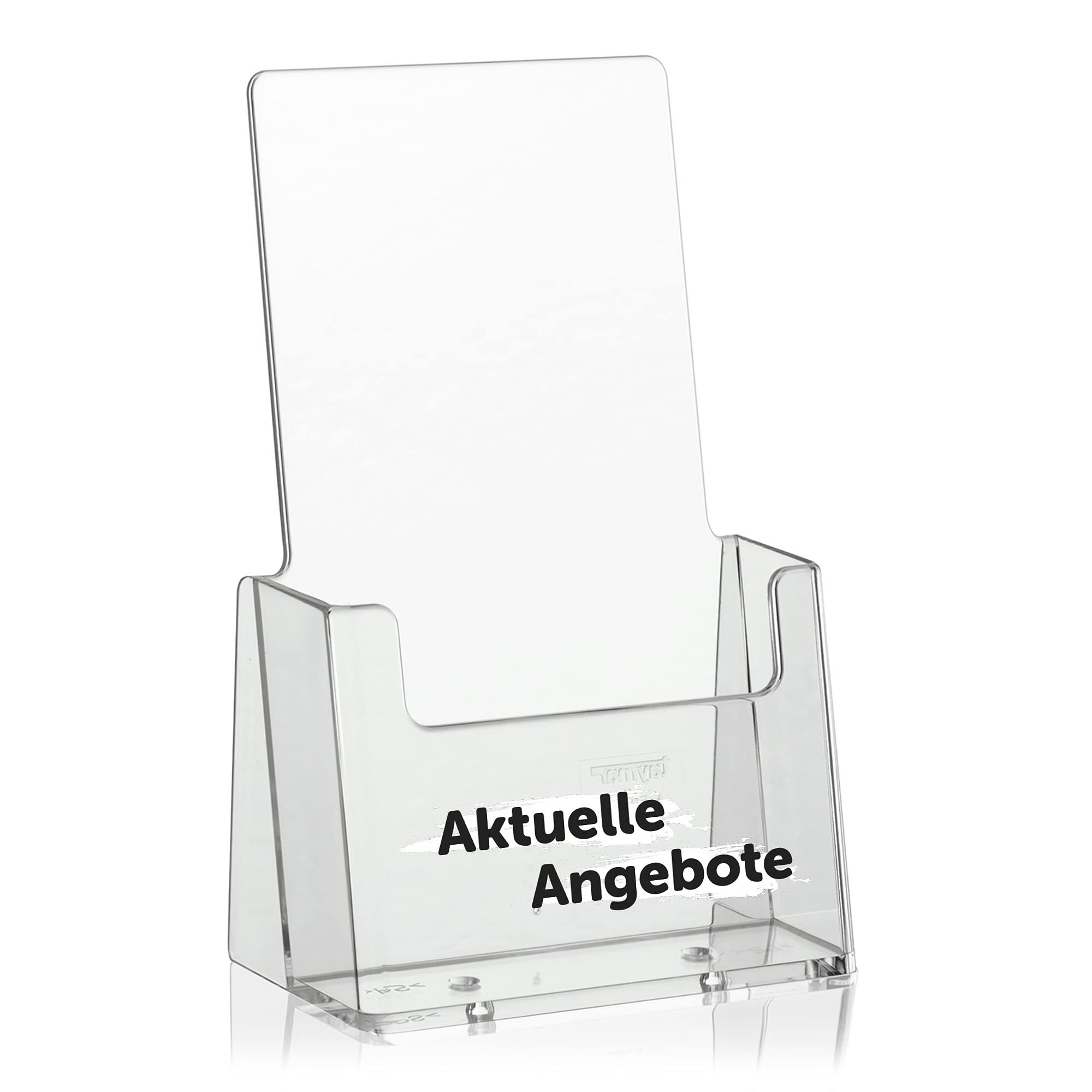 taymar DIN Long Flyer Stand, Brochure Holder, Transparent Brochure Stand, Table Brochure Stand Incl. Printed German Text "Aktuelle Angebote", Black/White
