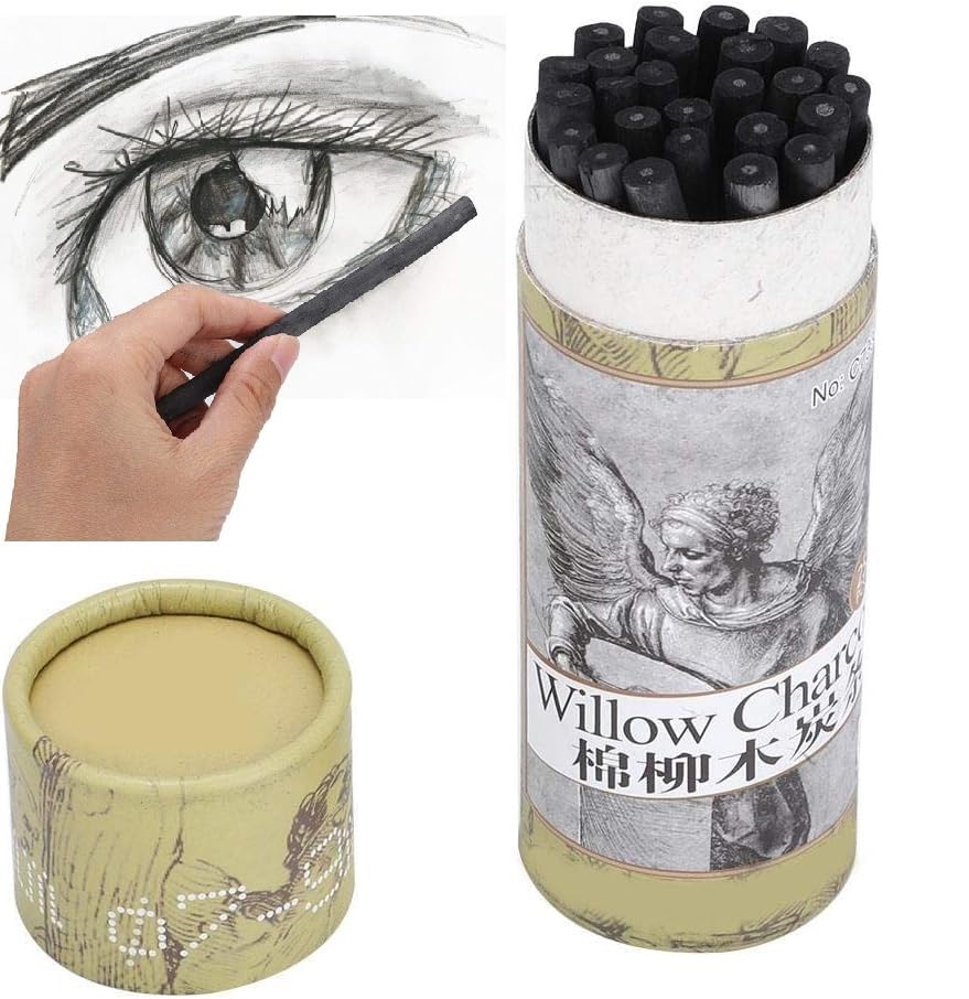 Nikou Willow Charcoal Sticks, 25pcs Sketching Pencil Set Charcoal Drawing Pencils, Smooth Charcoal Bar Artist Art Drawing Tools Sketch Pencil Easy to Color (7333 Charcoal Strips)