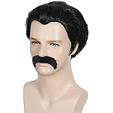 Linfairy Short 80's Costumes Men's Disco Dirt Bag Wig & Moustache Halloween Cosplay Costume Black Wig