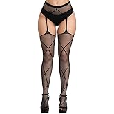 Confonze Women's High Waist Fishnet Tights Suspenders Pantyhose Thigh High Stockings Black