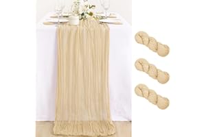 MLMC 3 Pack Cheesecloth Table Runner 10ft Wrinkled Sheer Champagne Gauze Table Runner Bulk 35x120 Inches for Bridal Shower Party Decor