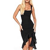 Women's Sexy Ruched Bodycon Midi Dresses Square Neck Sleeveless Club Party Night Out Dress