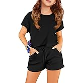 APWEQATA Girls Two Piece Sets Short Sleeve Tshirts and Drawstring Shorts With Pockets Summer Outfits Size 6-14