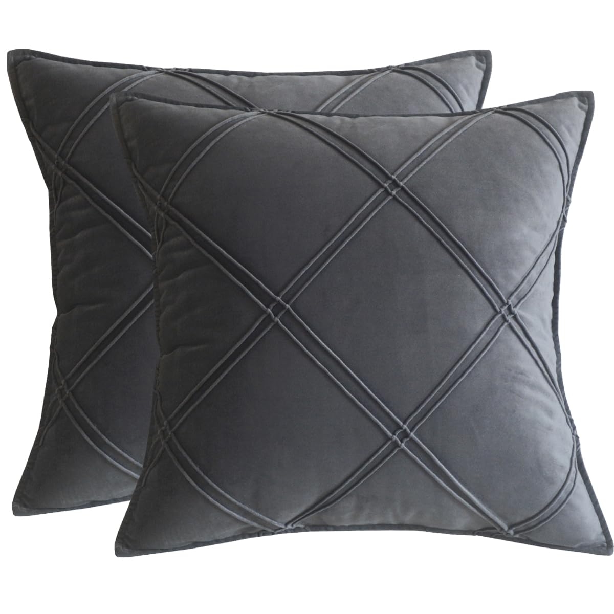 Lutanky Dark Grey Velvet Cushion Covers Decorative Square Throw Pillow Covers Checked Design Elegant Pillowcases for Sofa Bed Living Room 20x20inch 50x50cm Set of 2