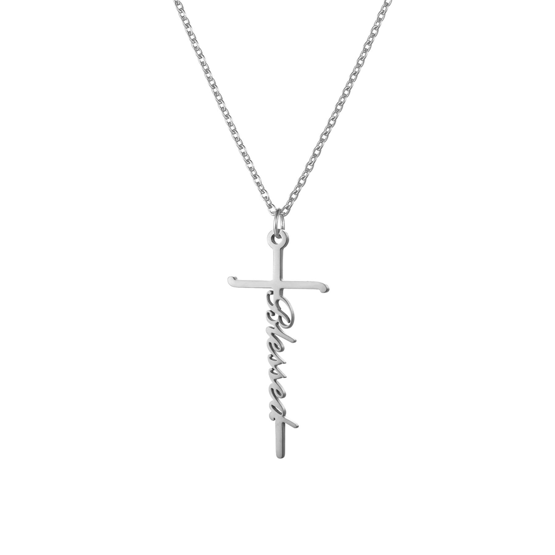 JewelryWe Faith Cross Necklace,Silver/Gold Tone Personalised Love Hope Believe Pendant Necklace Christian Religious Inspirational Jewelry for Women Girls — image 1