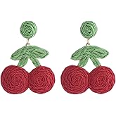Cute Rattan Cherry Earrings Boho Handmade Raffia Cherry Dangle Earring Summer Fruit Jewelry for Women