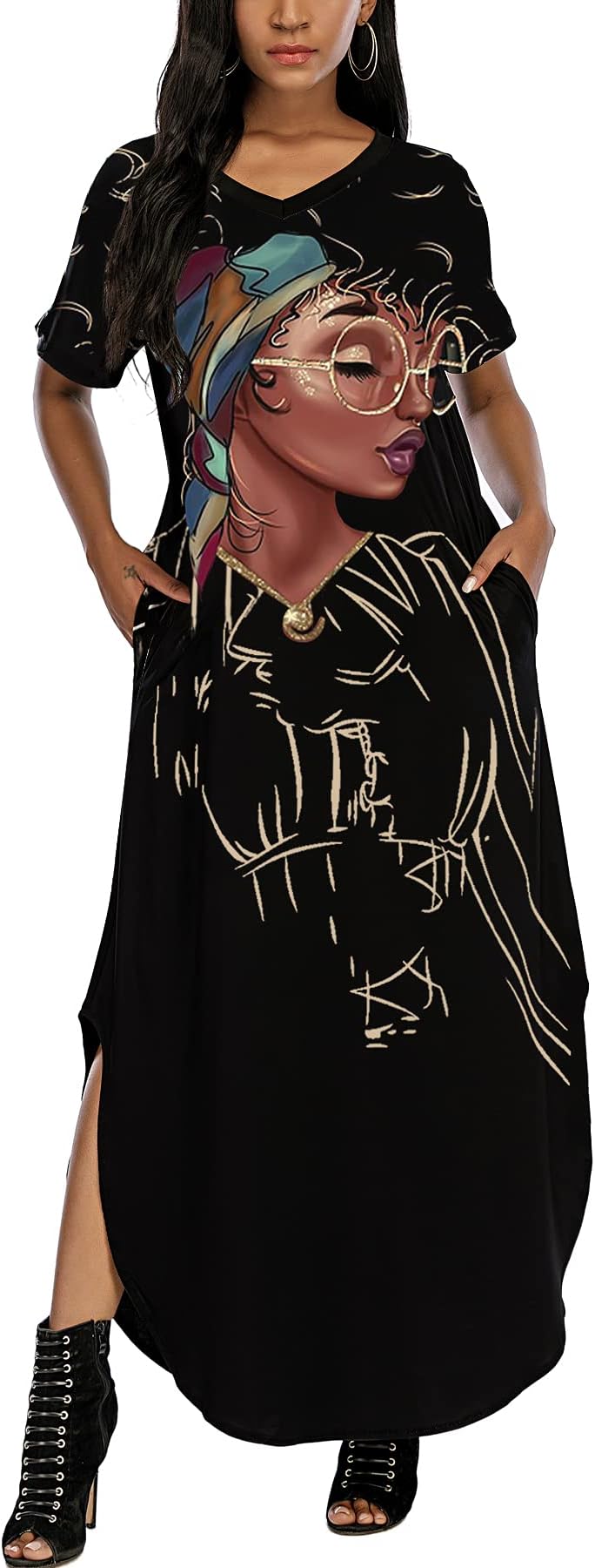 AZPSRTWomen's Casual Loose Long Dress T-Shirt Dress Short/Long Sleeve Maxi Dresses with Pockets