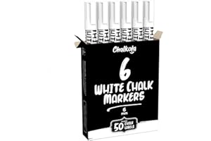 Chalkola White Chalk Markers (6 Pack, 6mm Reversible Tip) - White Dry Erase Liquid Chalk Pens for Blackboard, Window, Bistro, Car Glass, Board, Calendar - Erasable Chalkboard Markers + 50 labels
