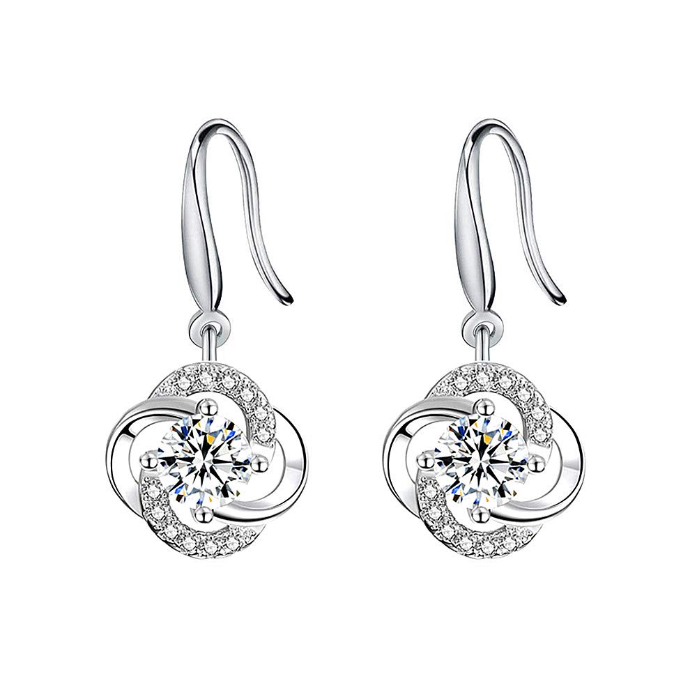 Four- Leaf Clover 5A Cubic Zirconia Sterling Silver Dangle Drop Earrings Gift for Women Gemini Sets, 48mm*12mm, Silver, Cubic Zirconia