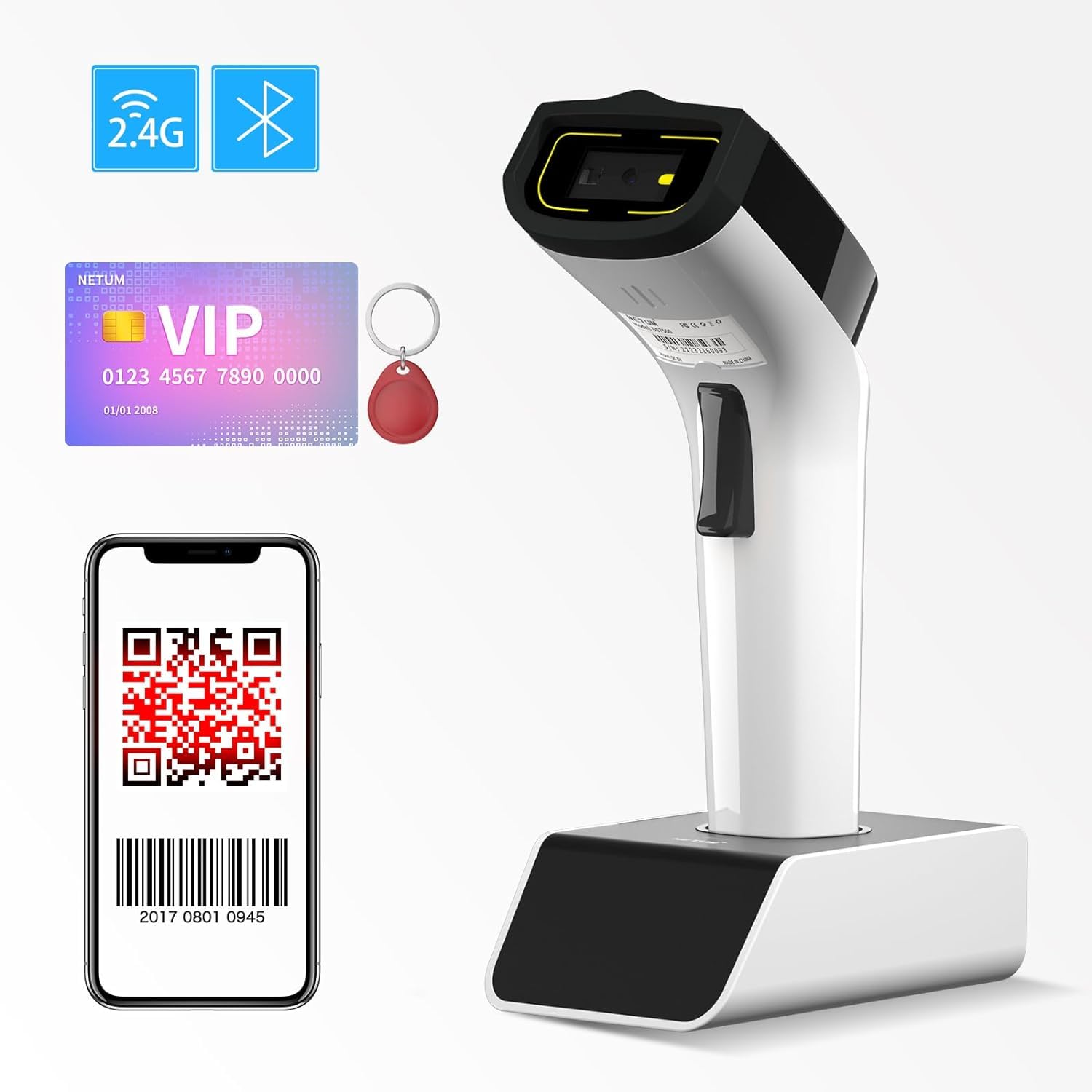 NETUM Wireless Hybrid RFID Imager, NFC HF RFID Tags Reader and 1D/2D QR Barcode Scan, Connect via Bluetooth for Retail Hospitality System DS8100